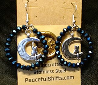 Glass Bead Hoops with Cat and Moon Charm