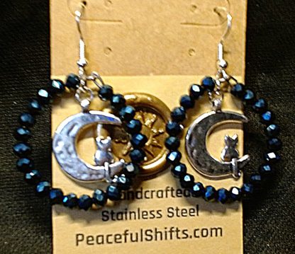 Glass Bead Hoops with Cat and Moon Charm
